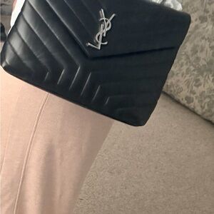 Saint Laurent Black Chevron Quilted Leather Envelope Clutch with Silver YSL